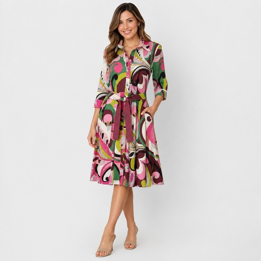 Patty Kim Cotton Sateen Shirt Dress Womens XS Multicolor Retro Mod 60s Belted